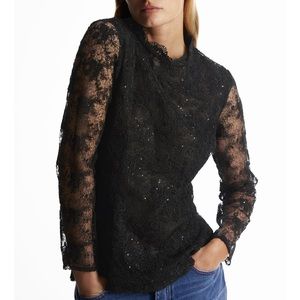 NWT ZARA High Collar Sequin Blouse Black M